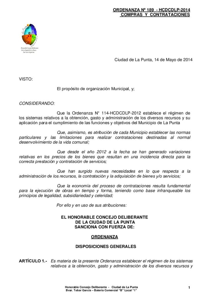 thumbnail of ORDENANZA Nº 189 – MODIFICATORIA ORD 114 COMPRAS Y CONTRATACIONES