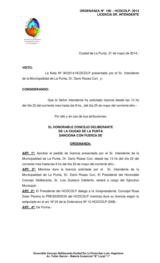thumbnail of ORDENANZA Nº 190 – LICENCIA SR. INTENDENTE (2da)