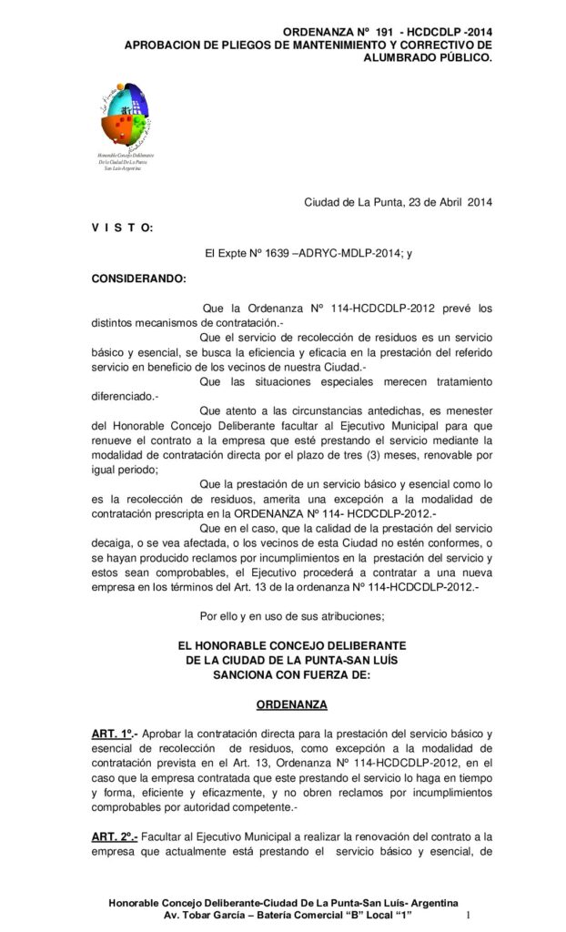 thumbnail of ORDENANZA Nº 191 – APROBACION DE PLIEGOS MANTENIMIENTO Y PREVENTIVO ALUMBRADO PUBLICO