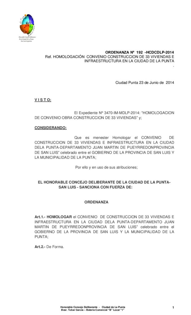 thumbnail of ORDENANZA Nº 192 – HOMOLOGACION DE CONVENIO OBRA CONSTRUCCION DE 33 VIVIENDAS