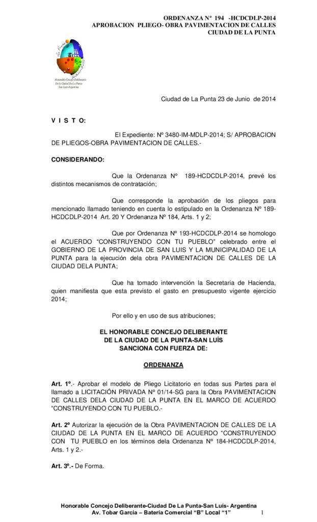thumbnail of ORDENANZA Nº 194 – PLIEGO OBRA PAVIMENTACION CALLES