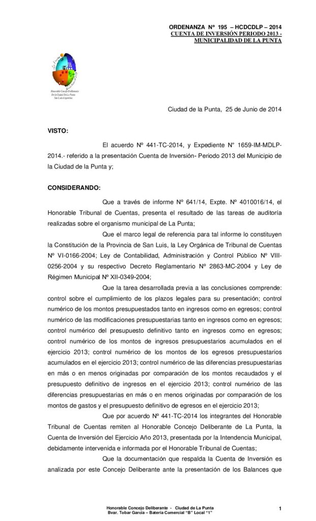 thumbnail of ORDENANZA Nº 195 – CUENTA DE INVERSIÓN 2013 MUNICIPALIDAD DE LA PUNTA