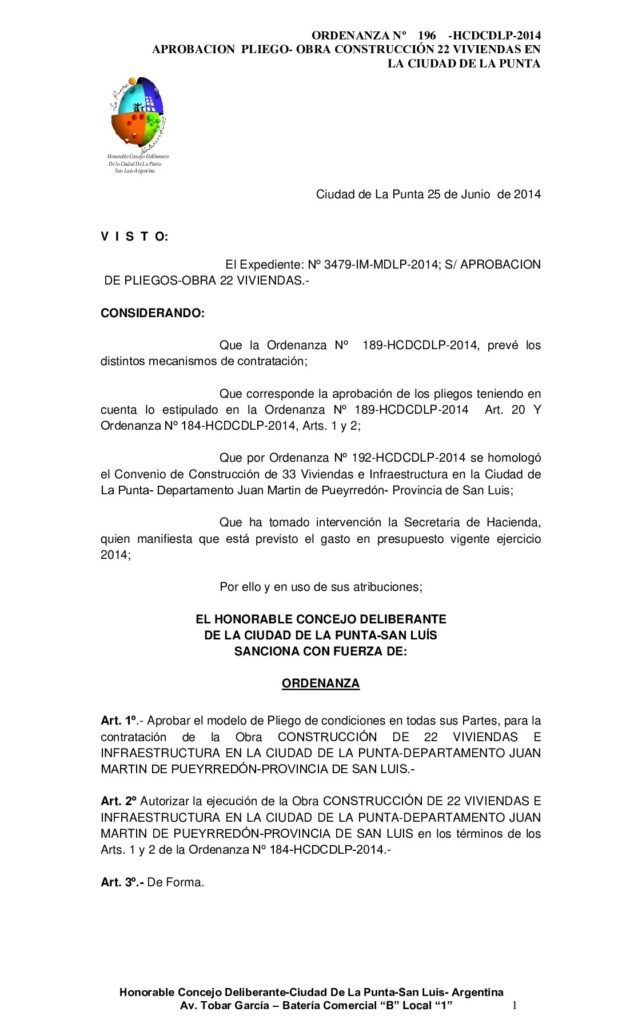 thumbnail of ORDENANZA Nº 196 – PLIEGO LIC CONSTRUCCION 22 VIVIENDAS