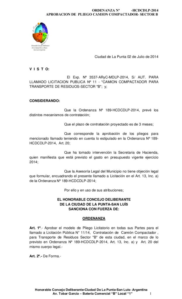 thumbnail of ORDENANZA Nº 198 – APROBACION PLIEGO LIC PUB Nº 11-SECTOR B CONT CAMION COMPACTADOR