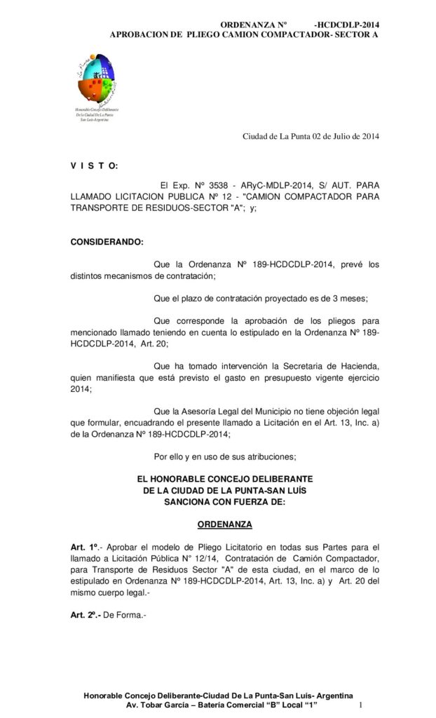 thumbnail of ORDENANZA Nº 199 APROBACION PLIEGO LIC PUB Nº 12 CONT CAMION COMPACTADOR SECTOR A