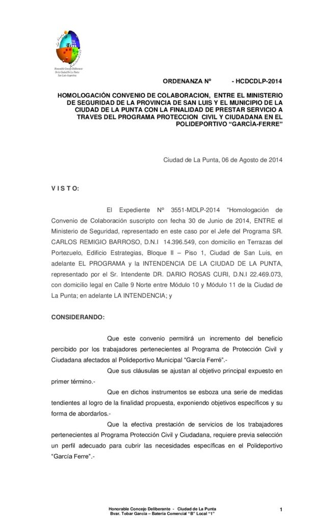 thumbnail of ORDENANZA Nº 200-HOMOLOGACION Convenio de colaboracion entre el ministerio de seguridad y la municipalidad en referente a polideportivo
