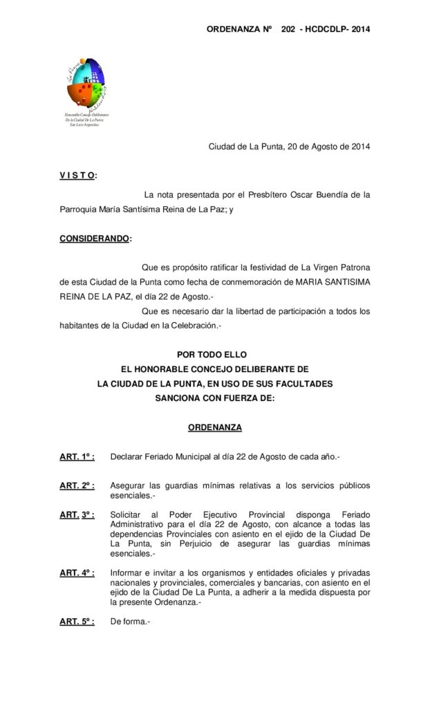 thumbnail of ORDENANZA Nº 202 – DIA 22 DE AGOSTO FERIADO ADMINISTRATIVO DIA DE LA VIRGEN DE LA REINA DE LA PAZ