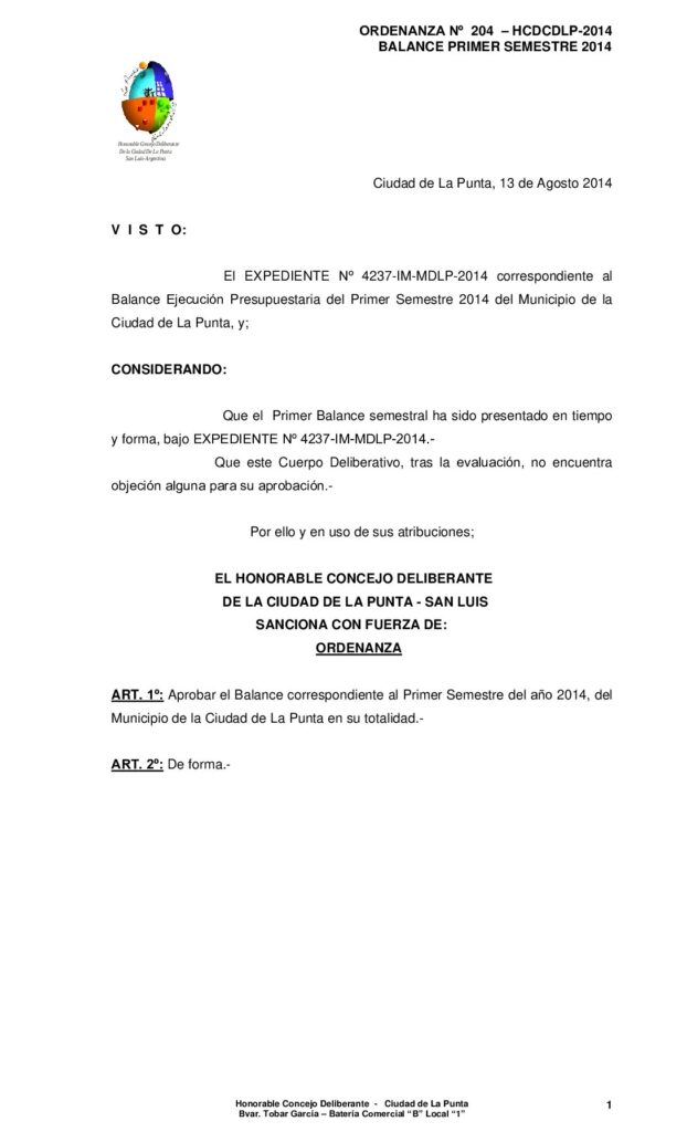 thumbnail of ORDENANZA Nº 204- BALANCE PRIMER SEMESTRE 2014