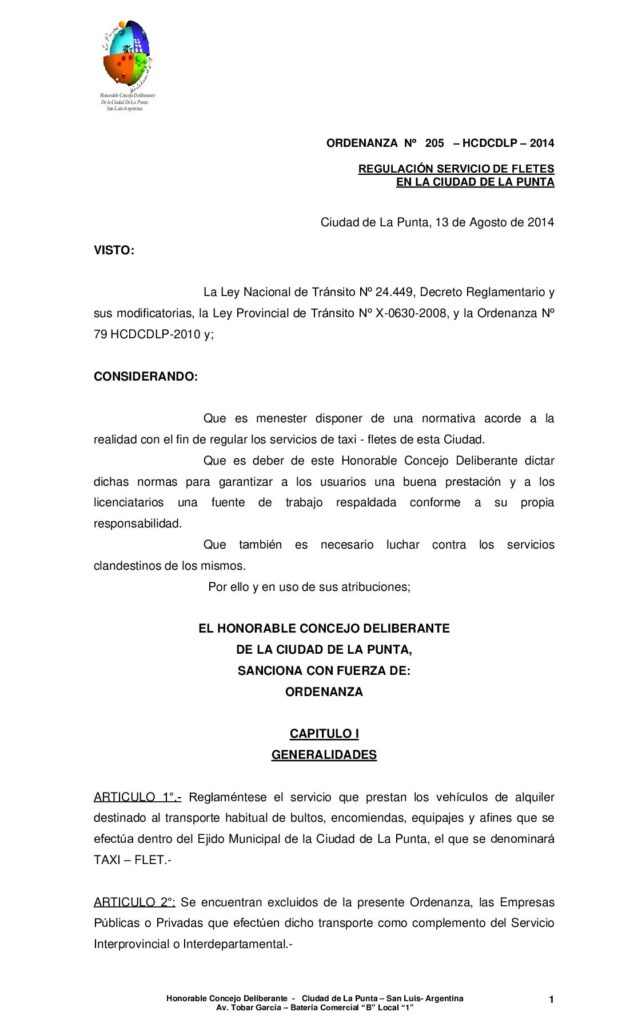thumbnail of ORDENANZA Nº 205 – REGULACION DE FLETES EN LA CIUDAD DE LA PUNTA