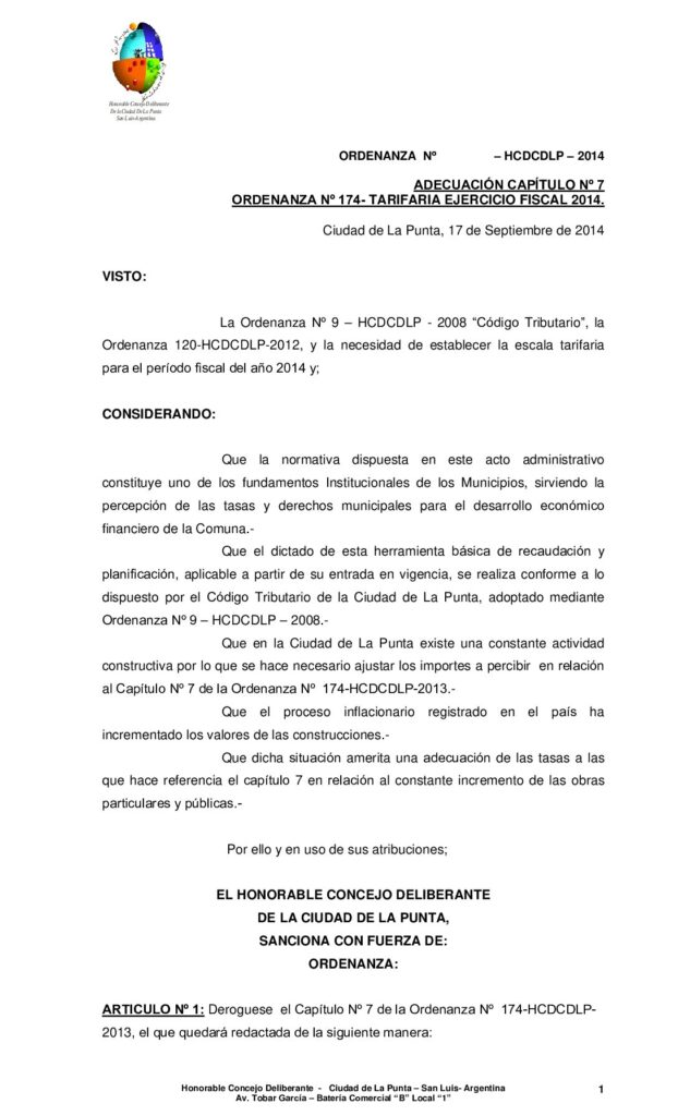 thumbnail of ORDENANZA Nº 206 – ADECUACIÓN CAPÍTULO Nº 7 DE LA ODENANZA Nº 174-HCDCDLP-2013