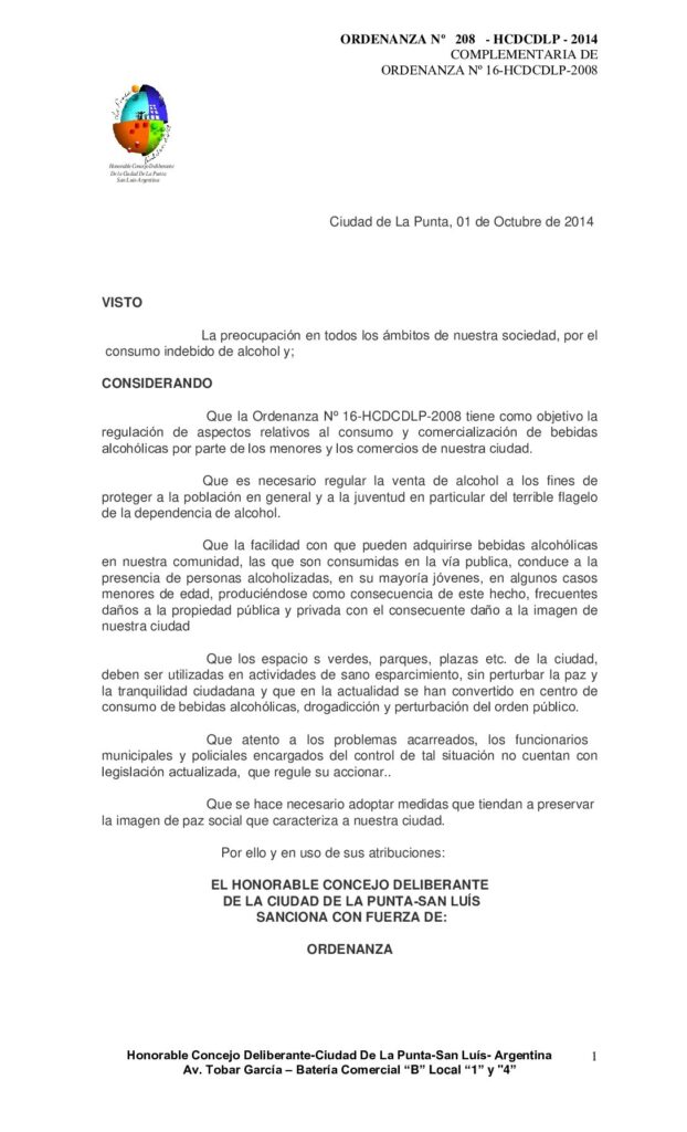 thumbnail of ORDENANZA Nº 208 – COMPLEMENTARIA A ORDENANZA Nº 16-BEBIDAS ALCOHOLICAS-HCDCDLP-2008