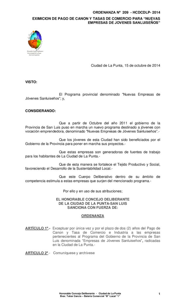thumbnail of ORDENANZA Nº 209 – EXIMICION DE CANON A EMPRESAS JOVENES SANLUISEÑOS.