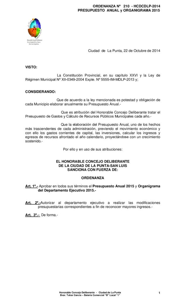 thumbnail of ORDENANZA Nº 210 PRESUPUESTO Y ORGANIGRAMA 2015