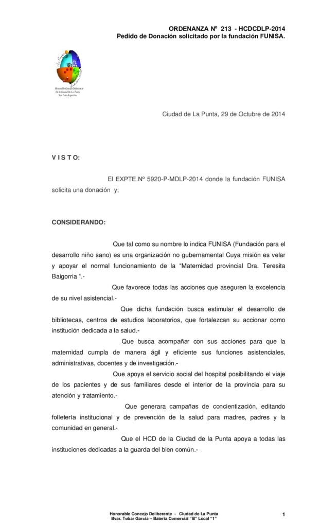 thumbnail of ORDENANZA Nº 213 – PEDIDO DONACION FUNDACION FUNISA