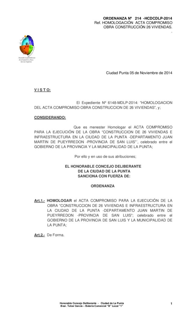 thumbnail of ORDENANZA Nº 214 – HOMOLOGACION ACTA COMPROMISO OBRA CONSTRUCCION DE 26 VIVIENDAS