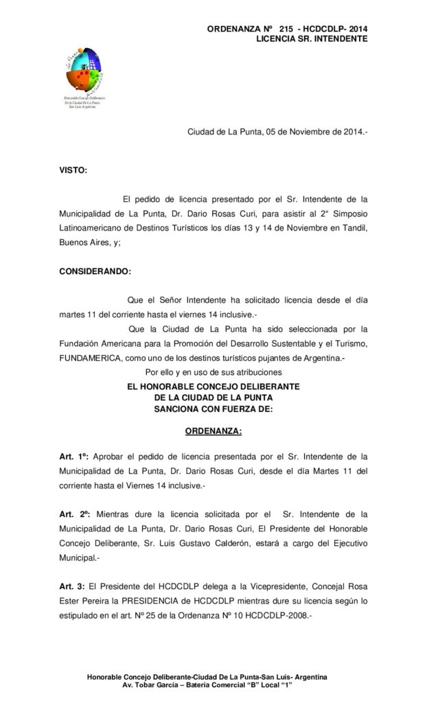 thumbnail of ORDENANZA Nº 215 – LICENCIA SR. INTENDENTE