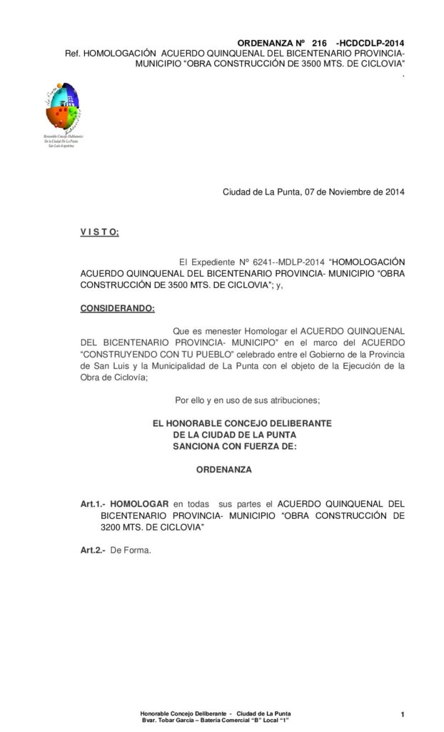 thumbnail of ORDENANZA Nº 216 – HOMOLOGACION ACUERDO QUINQUENAL OBRA CONSTRUCCION 3500 MTS DE CICLOVIA