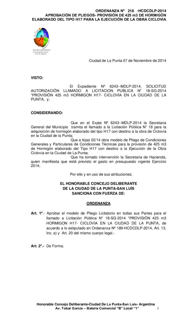 thumbnail of ORDENANZA Nº 218 – PLIEGO LIC PUBL Nº 18 – 2014- Hormigon para ciclovia