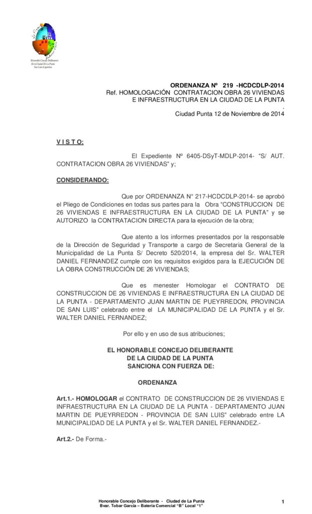 thumbnail of ORDENANZA Nº 219 – HOMOLOGACIÓN CONTRATACION OBRA 26 VIVIENDAS
