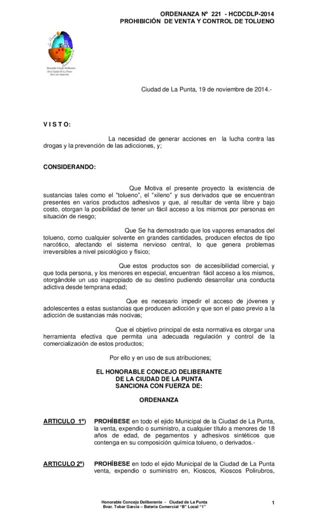 thumbnail of ORDENANZA Nº 221 – PROHIBICION DE VENTA Y CONTROL DE TOLUENO