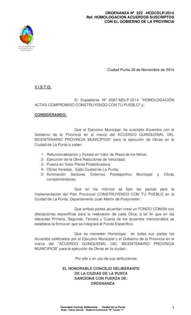 thumbnail of ORDENANZA Nº 222 – CONVENIOS SUSCRIPTO CON GOBIERNO OBRAS VARIAS