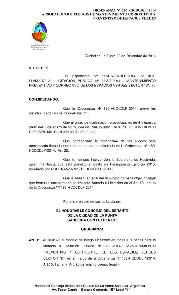 thumbnail of ORDENANZA Nº 226 – PLIEGO DESMALEZADO SECTOR D