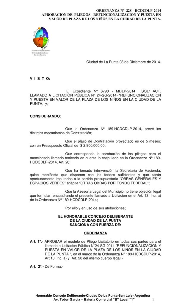 thumbnail of ORDENANZA Nº 228 – PLIEGO LICITATORIO REFUNCIONALIZACION Y PUESTA EN VALOR DE PLAZA DE LOS NIÑOS