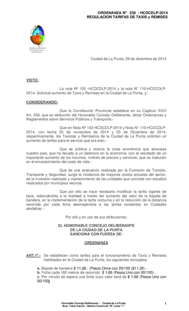 thumbnail of ORDENANZA Nº 230 – MODIFICATORIA TARIFA TAXIS -Y REMISES diciembre 2014
