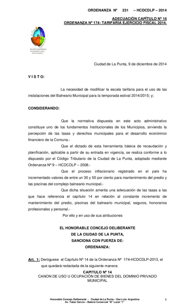 thumbnail of ORDENANZA Nº 231 -ADECUACION CAPITULO N° 14 ARTICULO 57 BALNEARIO