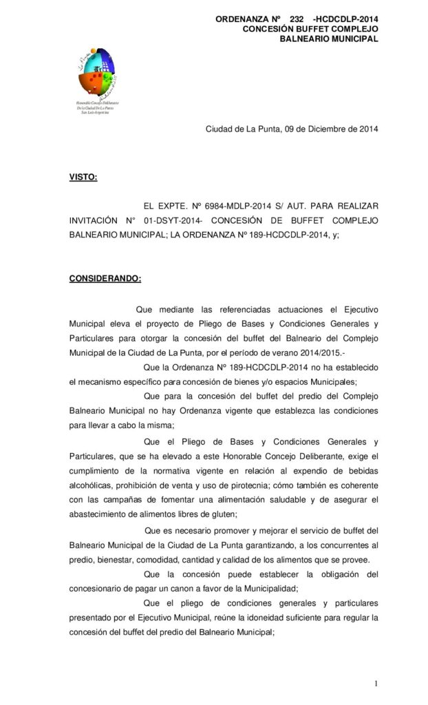 thumbnail of ORDENANZA Nº 232 – CONCESION DE BUFFET COMPLEJO BALNEARIO MUNICIPAL