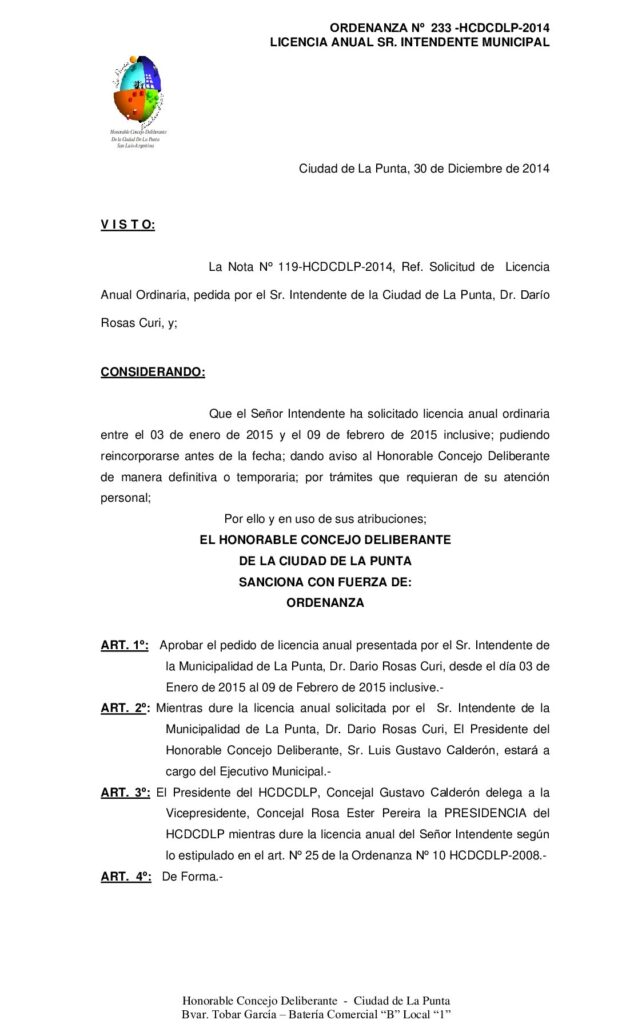 thumbnail of ORDENANZA Nº 233 – LICENCIA ANUAL SEÑOR INTENDENTE- PERIODO 2015