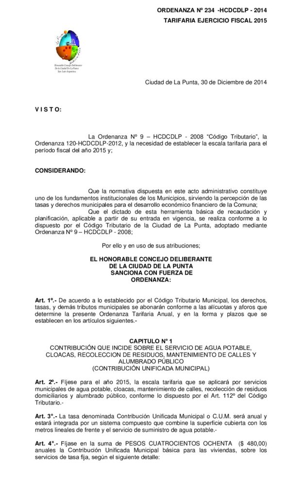 thumbnail of ORDENANZA Nº 234- TARIFARIA EJERCICIO FISCAL 2015