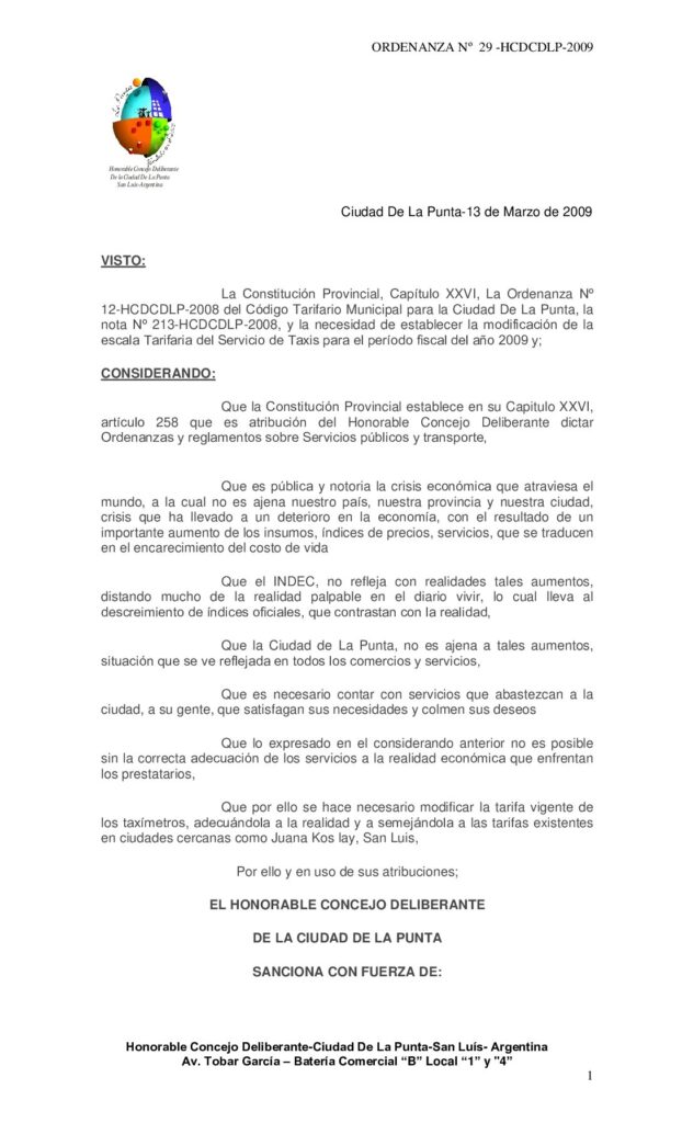 thumbnail of ORDENANZA Nº 29 TARIFA TAXIS