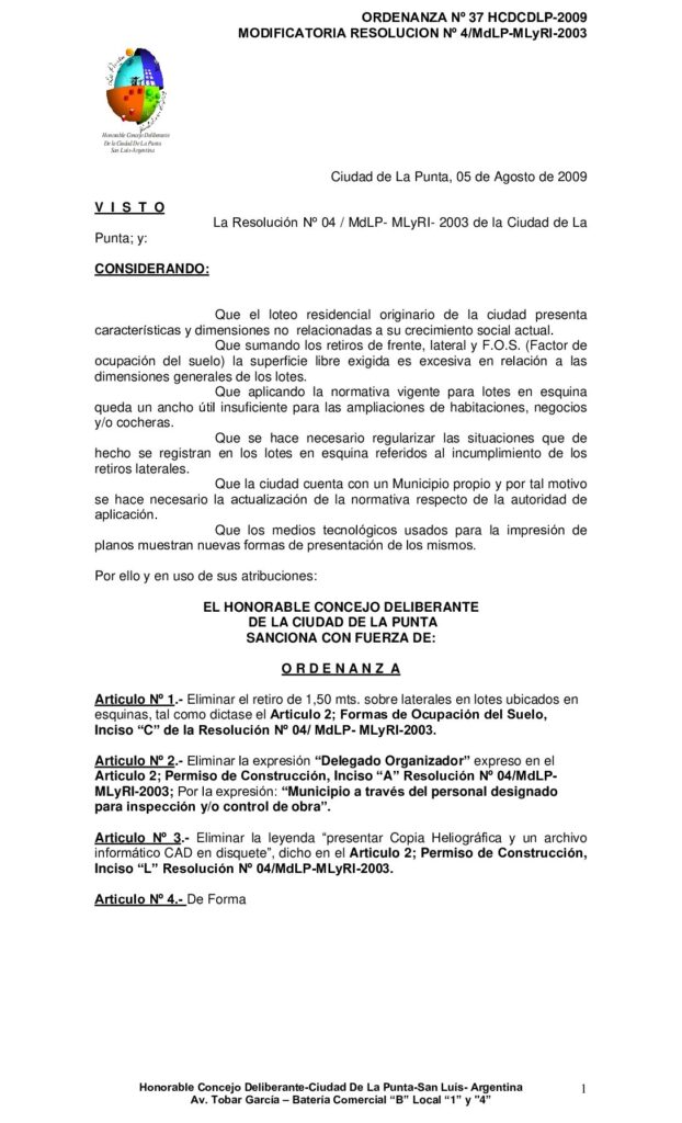 thumbnail of ORDENANZA Nº 37 MODIFICACION RESOLUCION 4-2003 MdLP