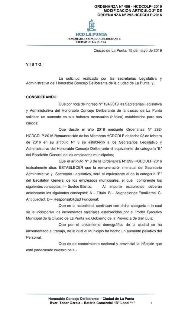 thumbnail of ORDENANZA Nº 406 -MODIFICACION ART 3 DE LA ORDENANZA 292-HCDCDLP-2016