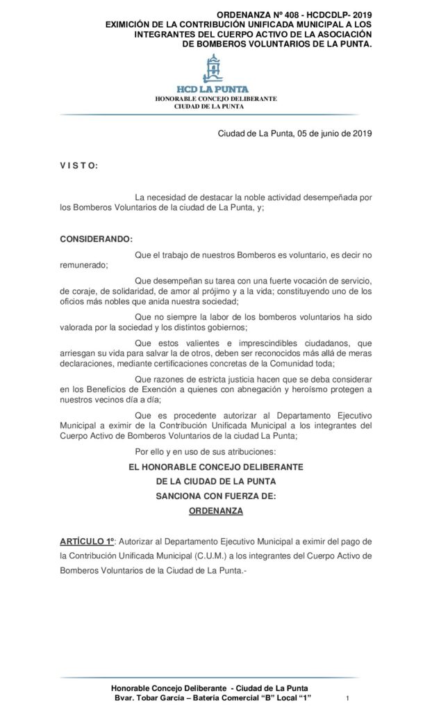 thumbnail of ORDENANZA Nº 408 -EXIMICION CUM A LOS INTEGRANTES DEL CUERPO ACTIVO DE LA ASOCIACION DE BOMBEROS VOLUNTARIOS DE LA PUNTA