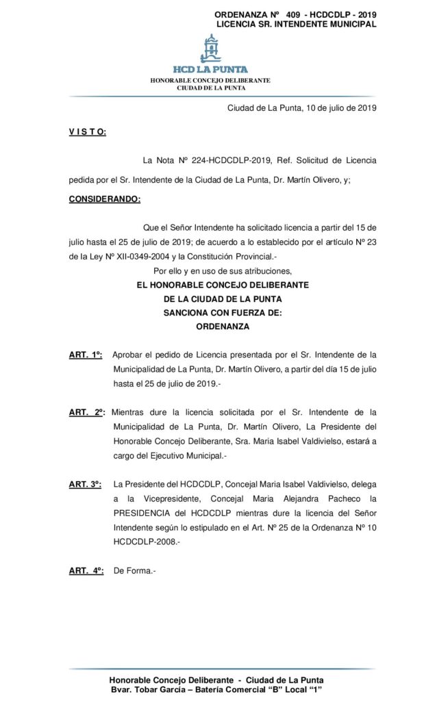 thumbnail of ORDENANZA Nº 409 – LICENCIA SEÑOR INTENDENTE DEL 15 AL 25 DE JULIO INCLUSIVE