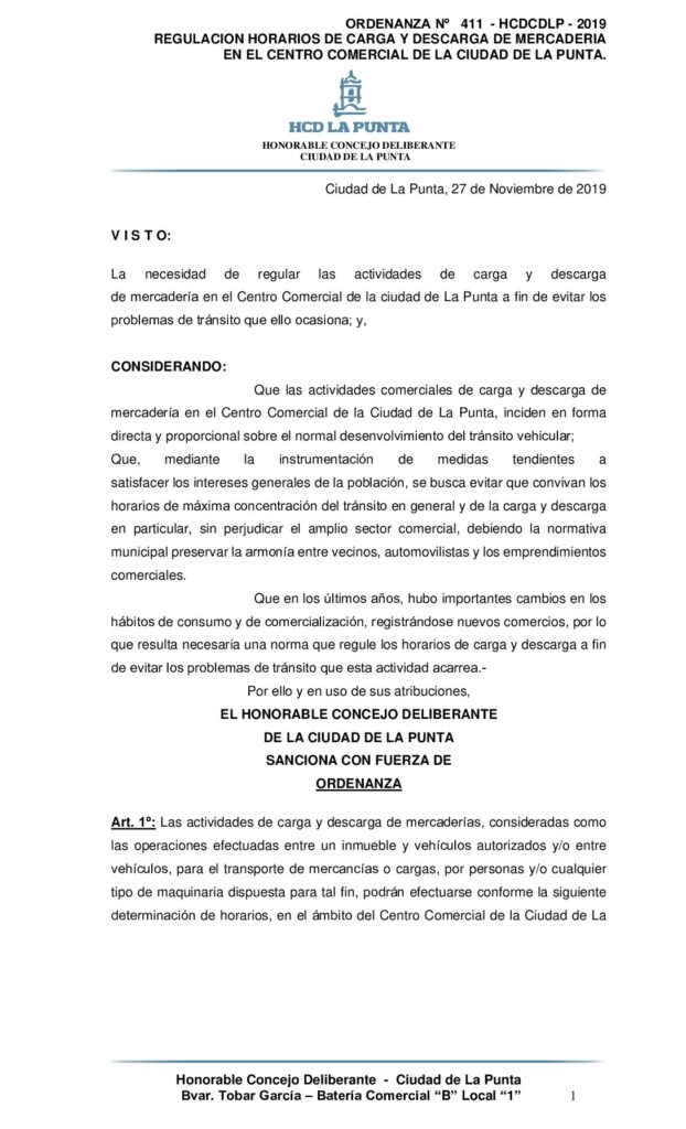 thumbnail of ORDENANZA Nº 411 – REGULACION HORARIOS DE CARGA Y DESCARGA DE MERCADERIA EN EL CENTRO COMERCIAL DE LA CIUDAD DE LA PUNTA