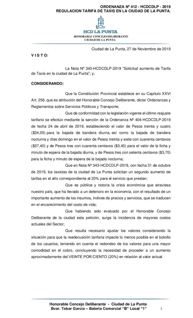 thumbnail of ORDENANZA Nº 412 – REGULACION TARIFA DE TAXIS 2019