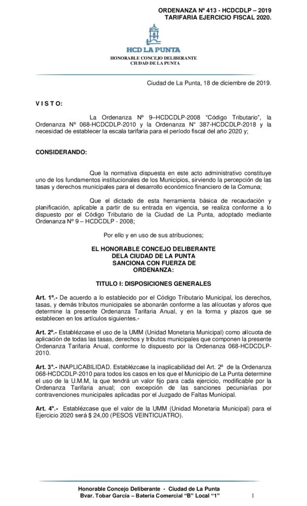 thumbnail of ORDENANZA Nº 413 – TARIFARIA EJERCICIO FISCAL 2020