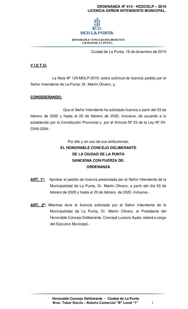 thumbnail of ORDENANZA Nº 414 – LICENCIA SEÑOR INTENDENTE MUNICIPAL