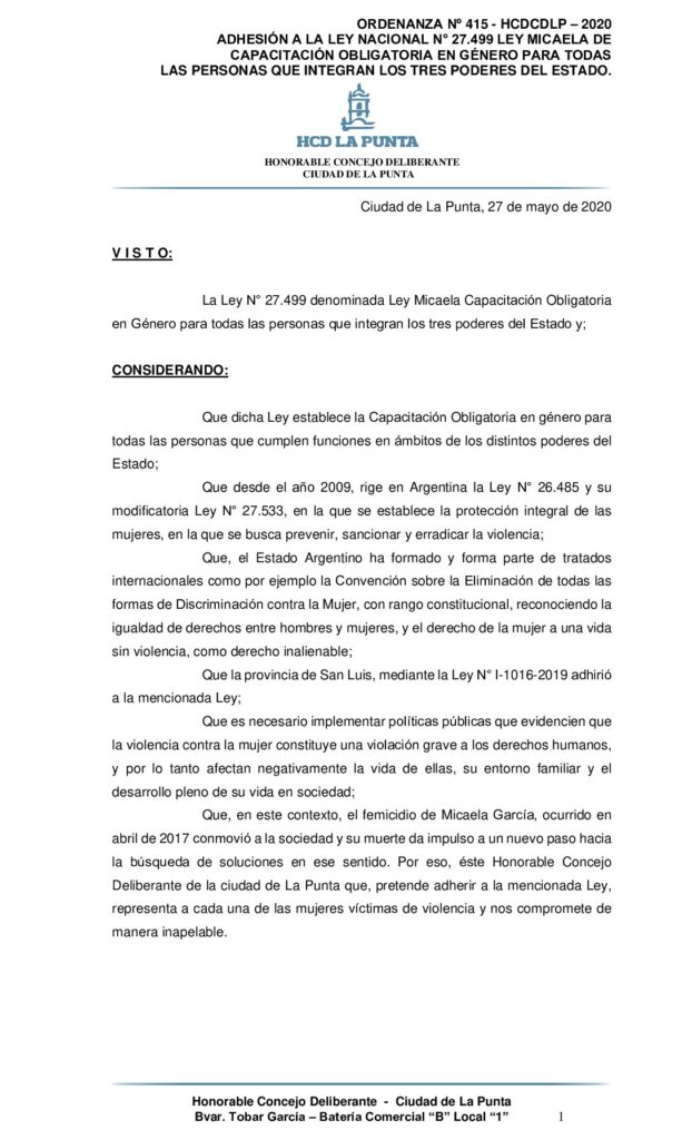 thumbnail of ORDENANZA Nº 415 -ADHESIÓN LEY NACIONAL N° 27.499 LEY MICAELA
