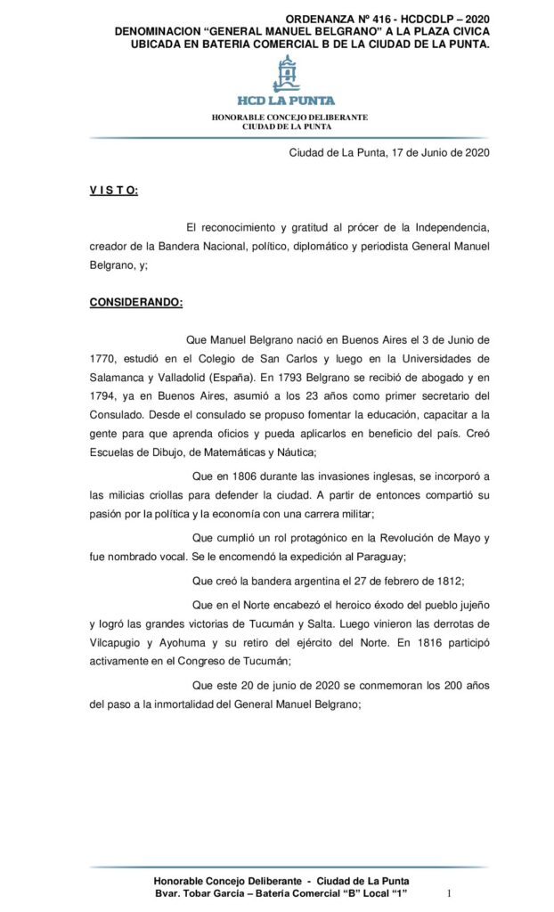 thumbnail of ORDENANZA Nº 416 – DENOMINACION GENERAL MANUEL BELGRANO A PLAZA CIVICA DE BATERIA COMERCIAL B