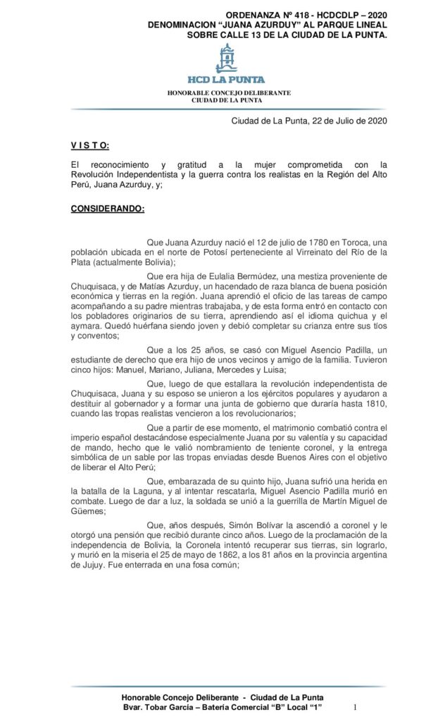 thumbnail of ORDENANZA Nº 418 – DENOMINACION “JUANA AZURDUY” AL PARQUE LINEAL SOBRE CALLE 13 DE LA CIUDAD DE LA PUNTA
