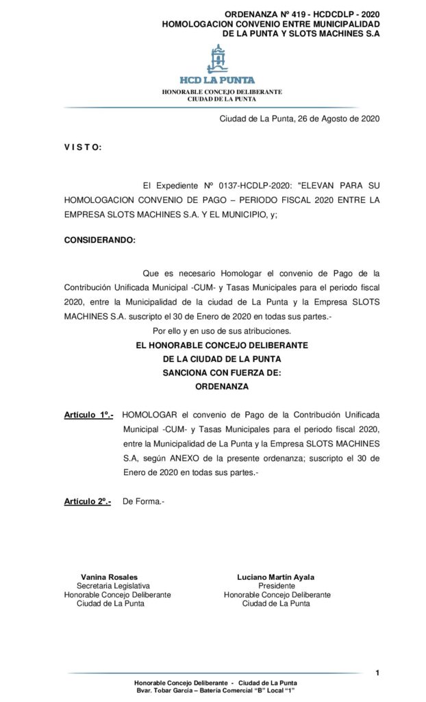thumbnail of ORDENANZA Nº 419 – APROBACION HOMOLOGACION CONVENIO SLOTS MACHINES Y MUNICIPIO 2020