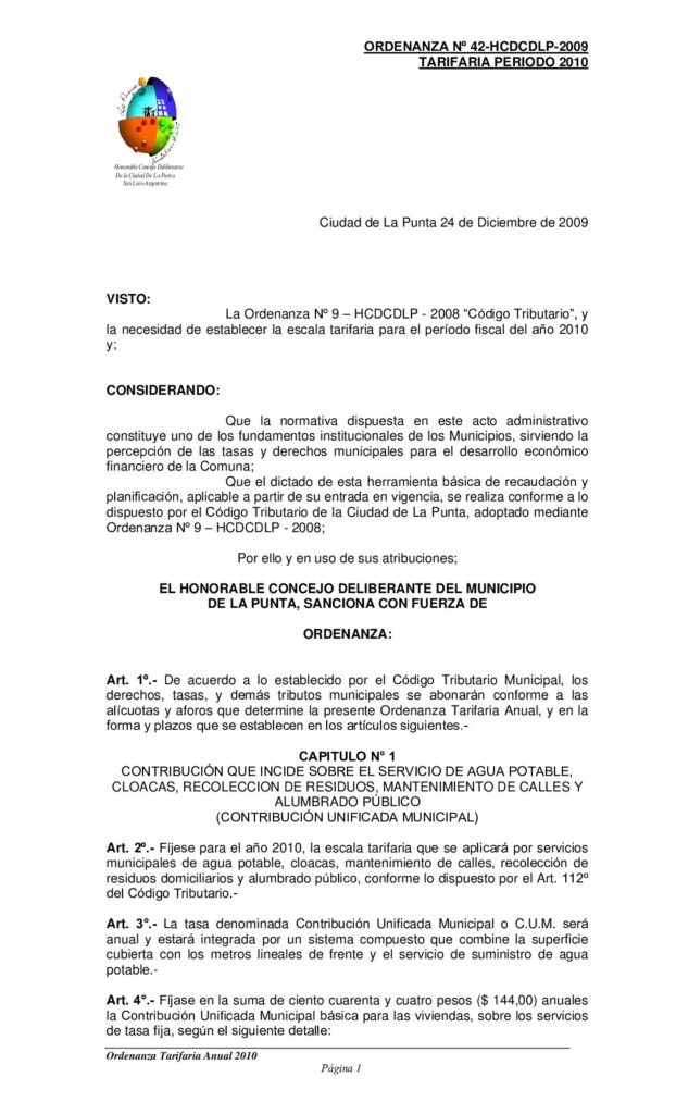 thumbnail of ORDENANZA Nº 42 Tarifaria 2010