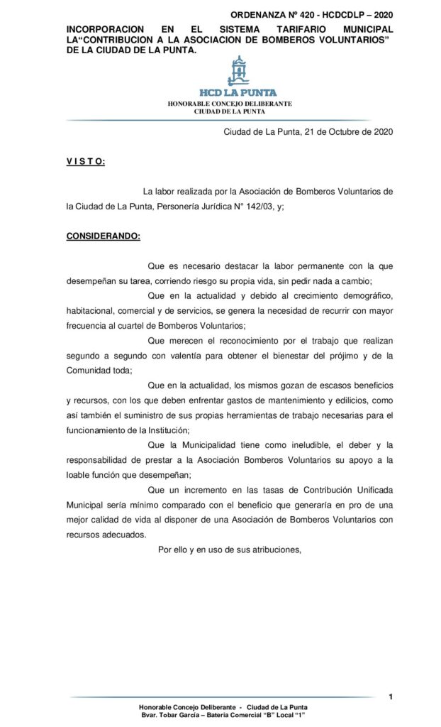 thumbnail of ORDENANZA Nº 420 – APROBACION CREACION EN EL SISTEMA TARIFARIO CONTRIBUCION A BOMBEROS VOLUNTARIOS