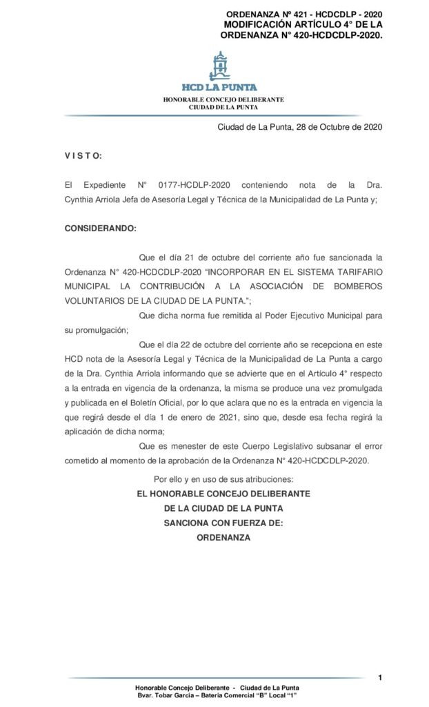 thumbnail of ORDENANZA Nº 421 – MODIFICACION ARTICULO 4° DE LA ORDENANZA N° 420-HCDCDLP-2020