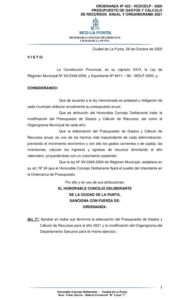 thumbnail of ORDENANZA Nº 422 – PRESUPUESTO Y ORGANIGRAMA 2021