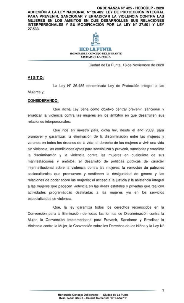 thumbnail of ORDENANZA Nº 425 – ADHESION A LEY 26.485